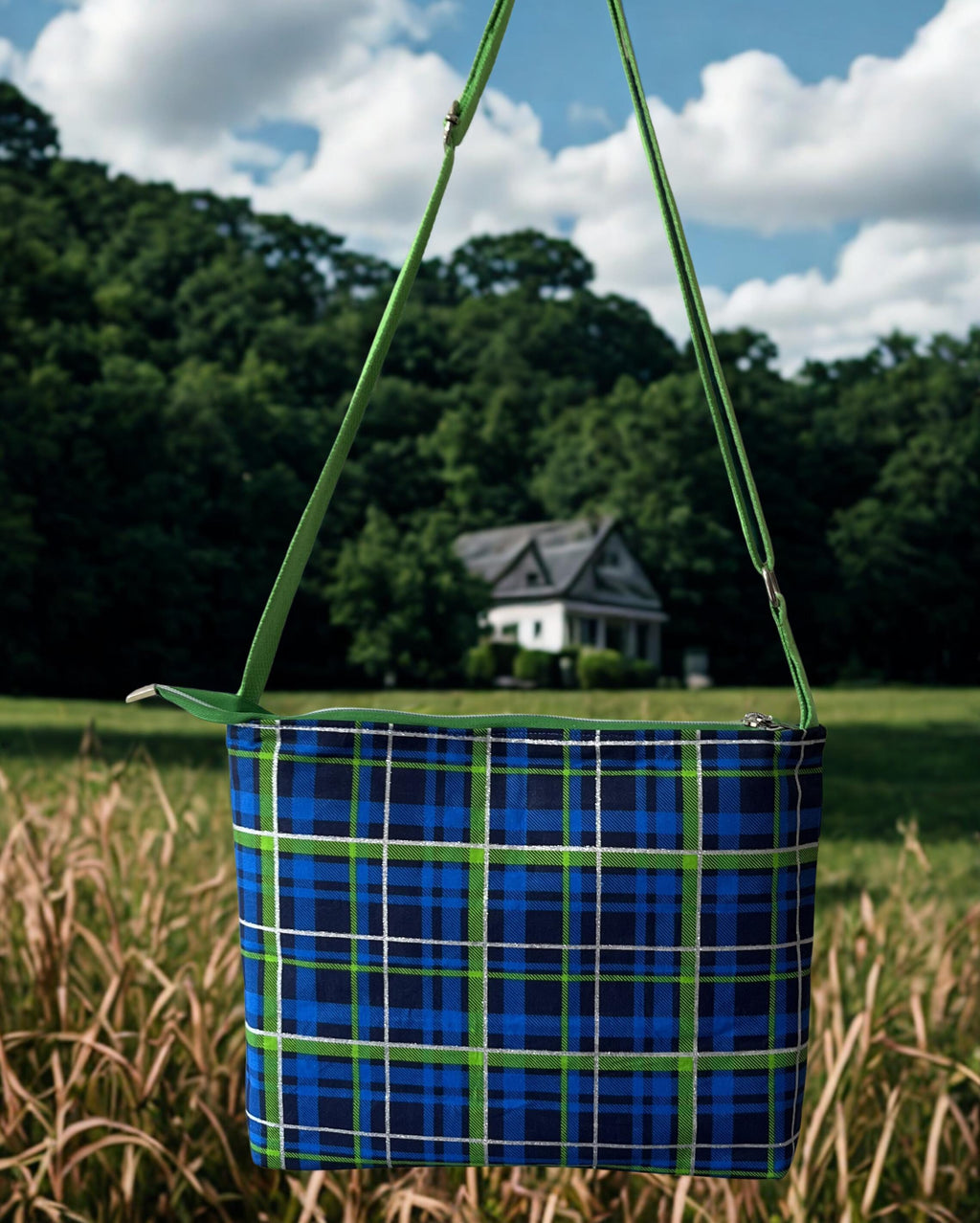 Blue & Neon Green Crossbody Bag: Silver Stripe Accent