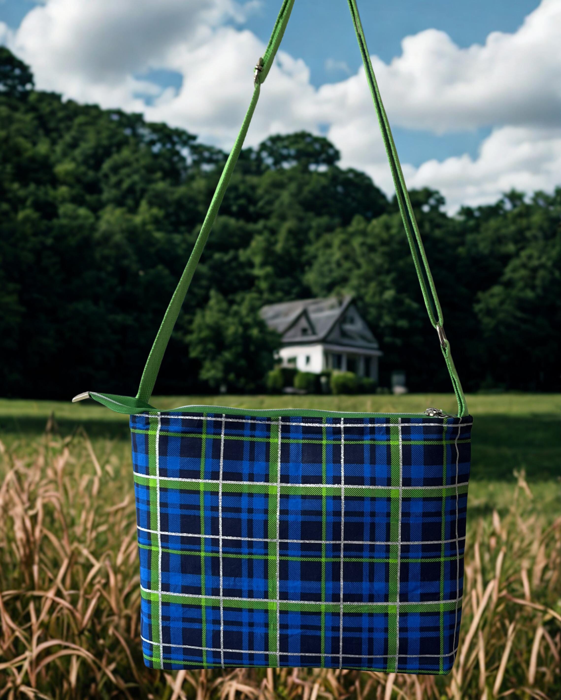 Blue & Neon Green Crossbody Bag: Silver Stripe Accent