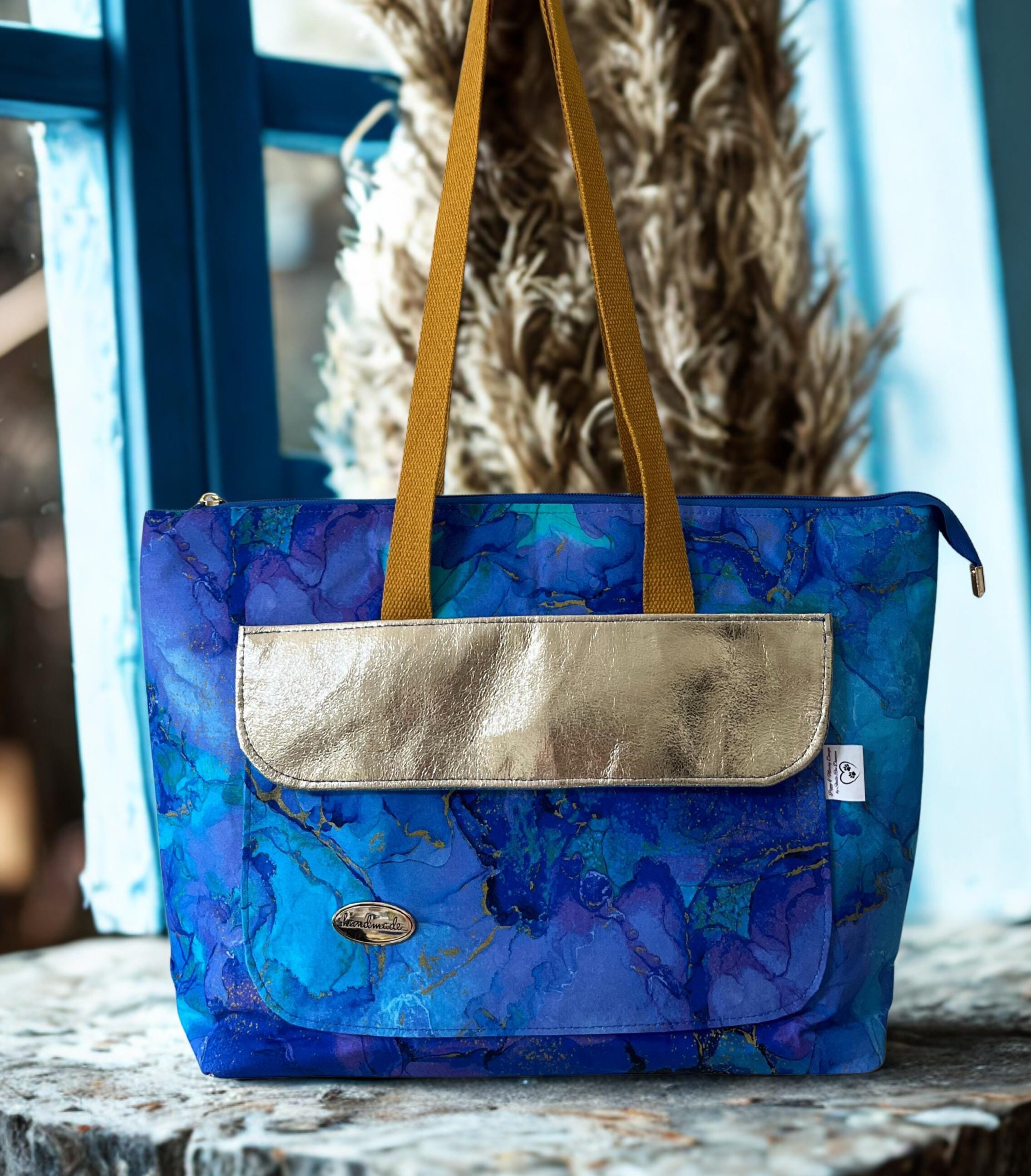 Blue Tote Bag: Gold Vinyl Accents, Large Capacity