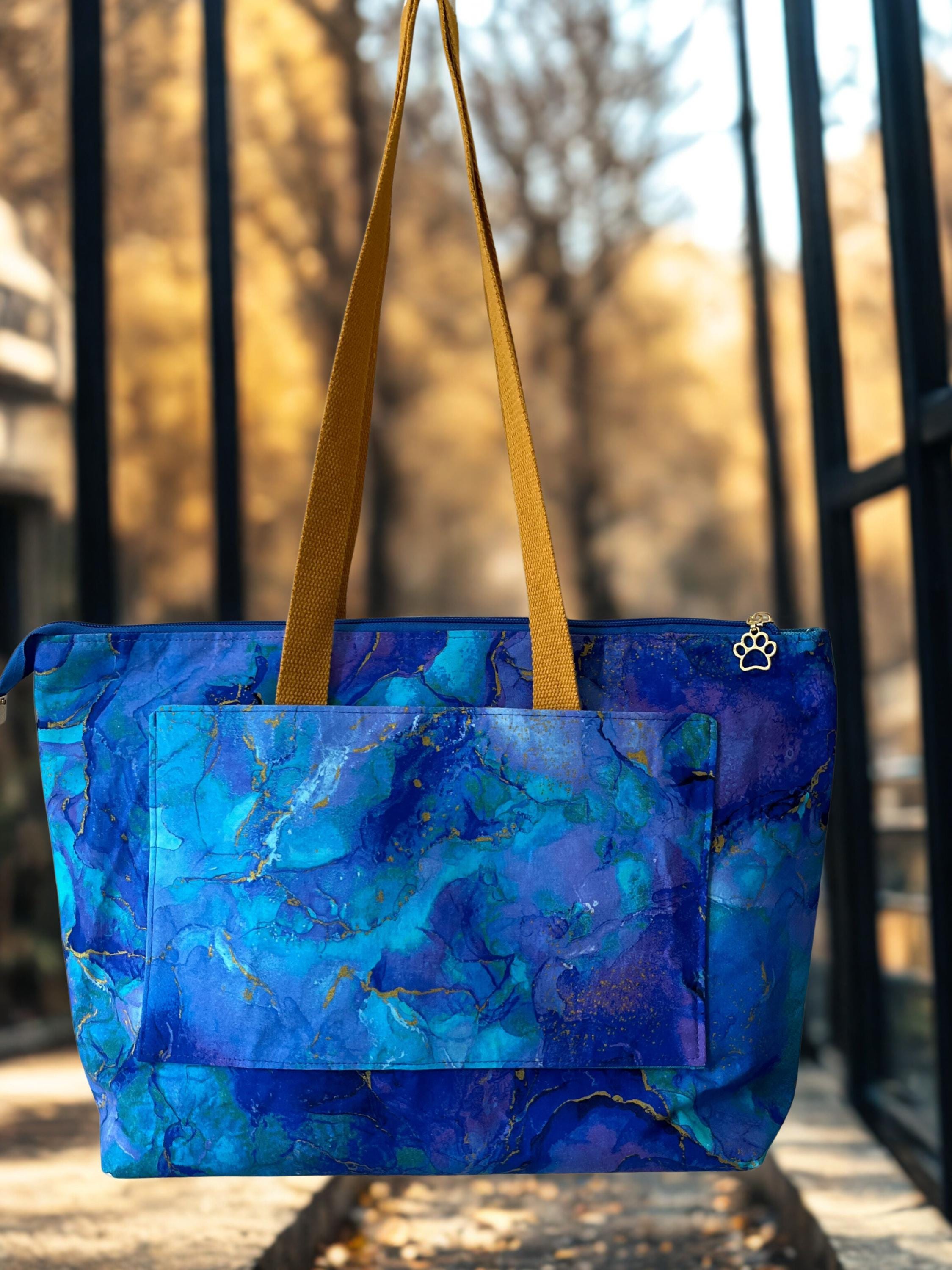 Blue Tote Bag: Gold Vinyl Accents, Large Capacity