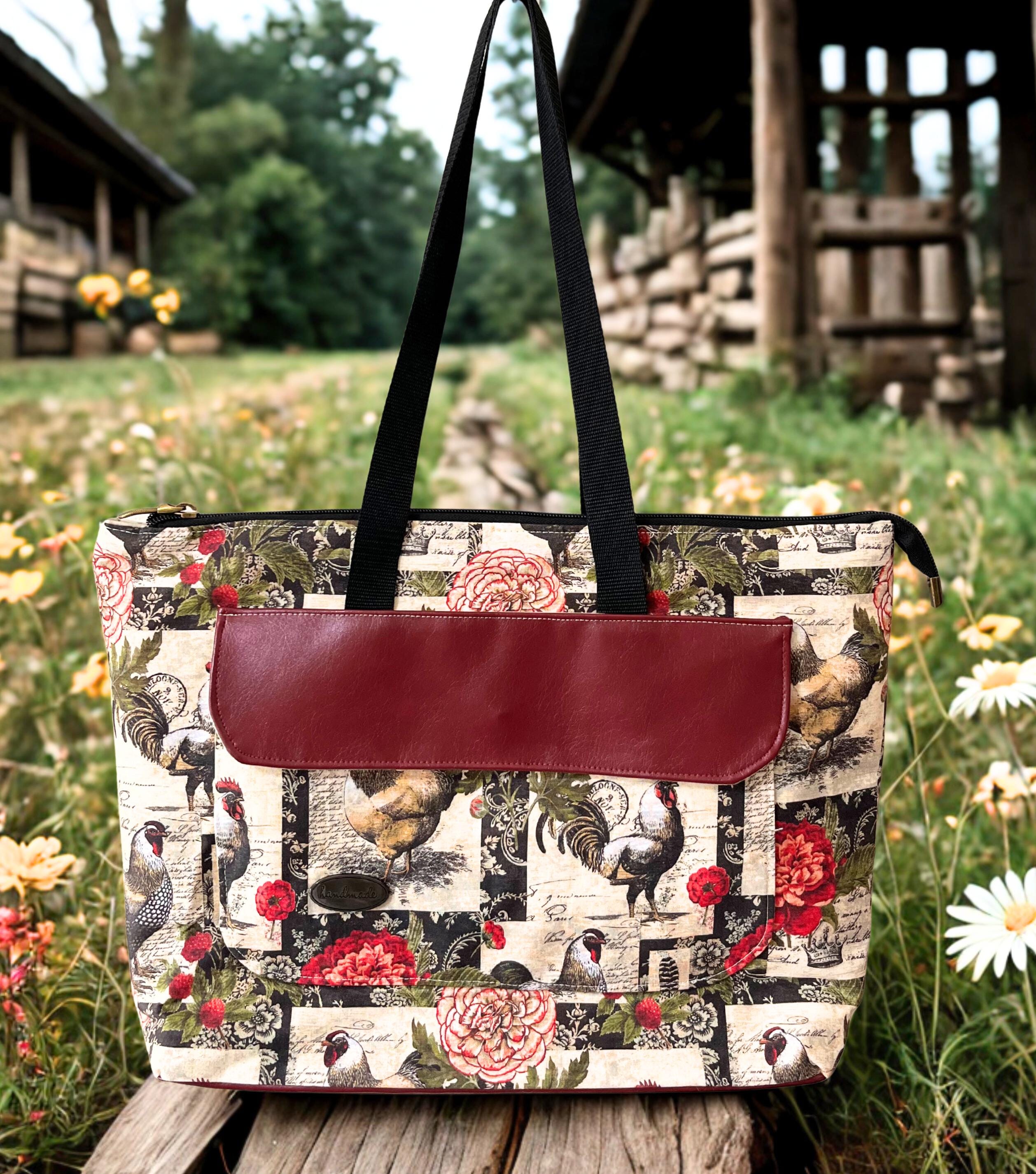 Farm Life Chicken Tote Bag: Zipper Pocket, Magnetic Snap