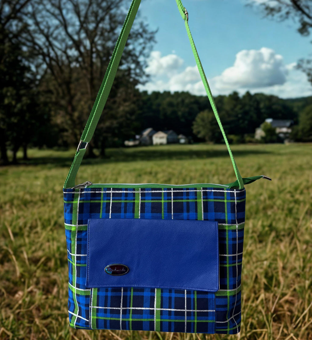 Blue & Neon Green Crossbody Bag: Silver Stripe Accent