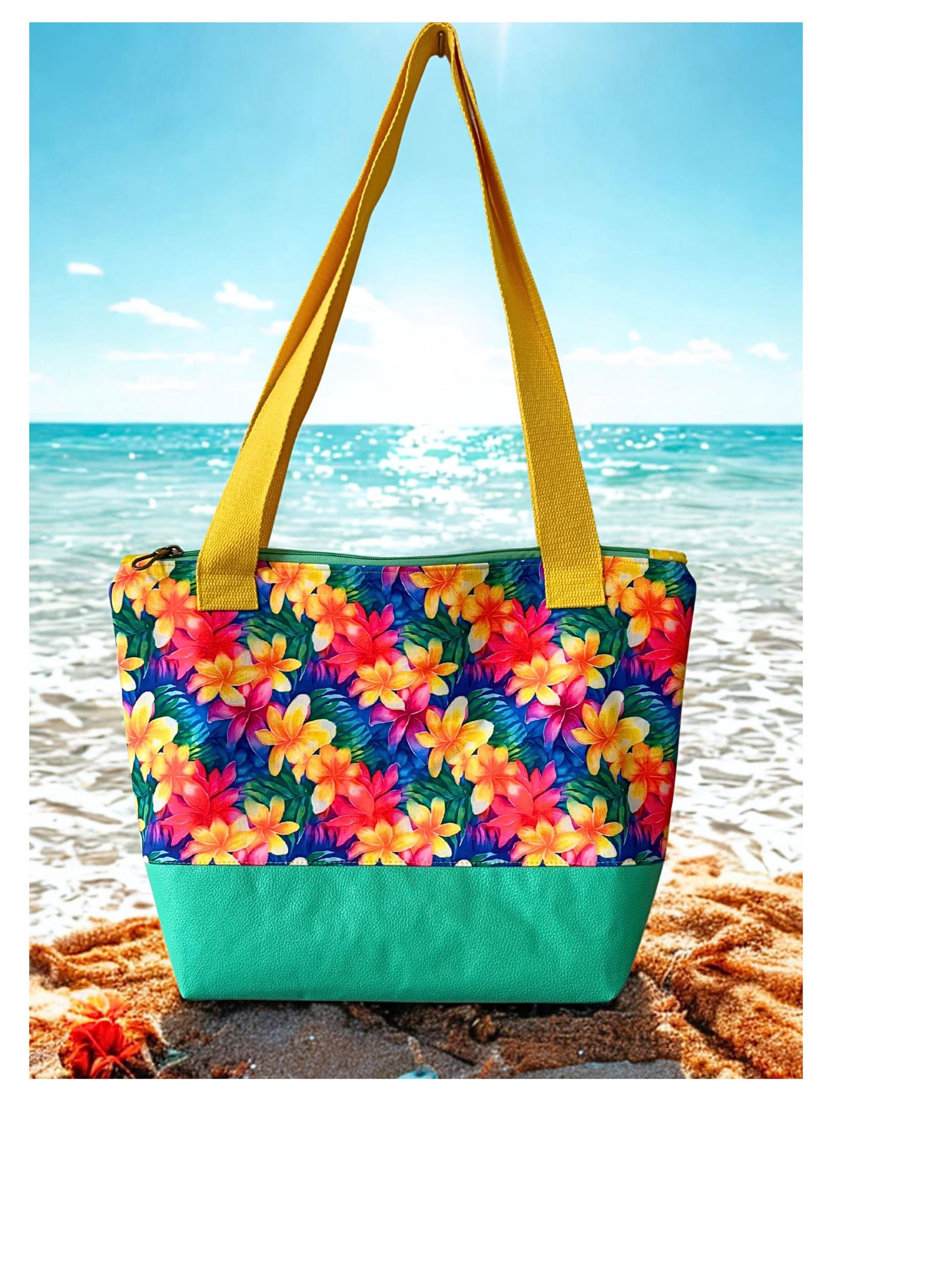 Floral Print Tote Bag: Large Zipper Pocket, Faux Leather Bottom
