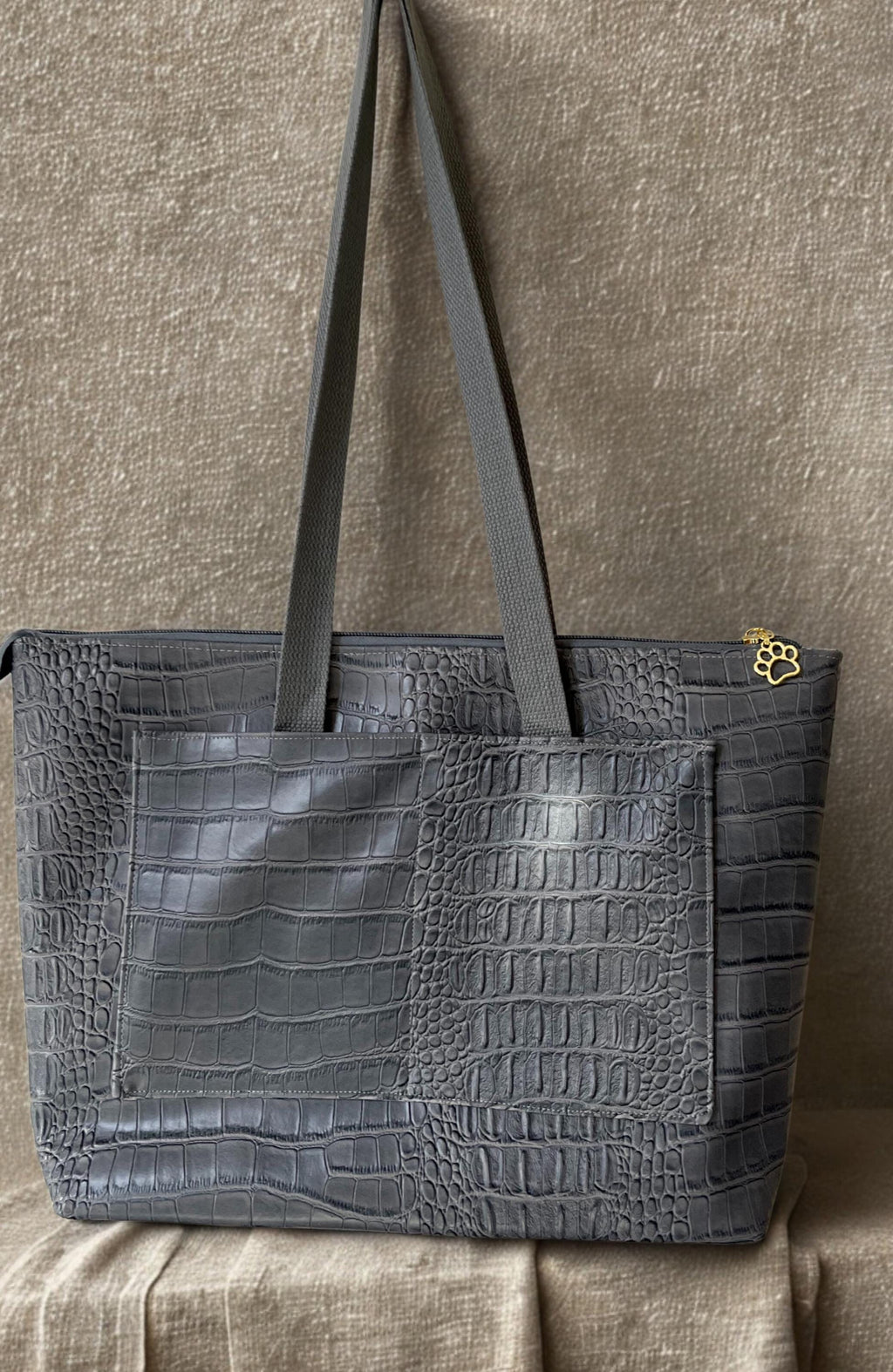 Faux Leather Tote: Gray Crocodile Print, Cotton Lining