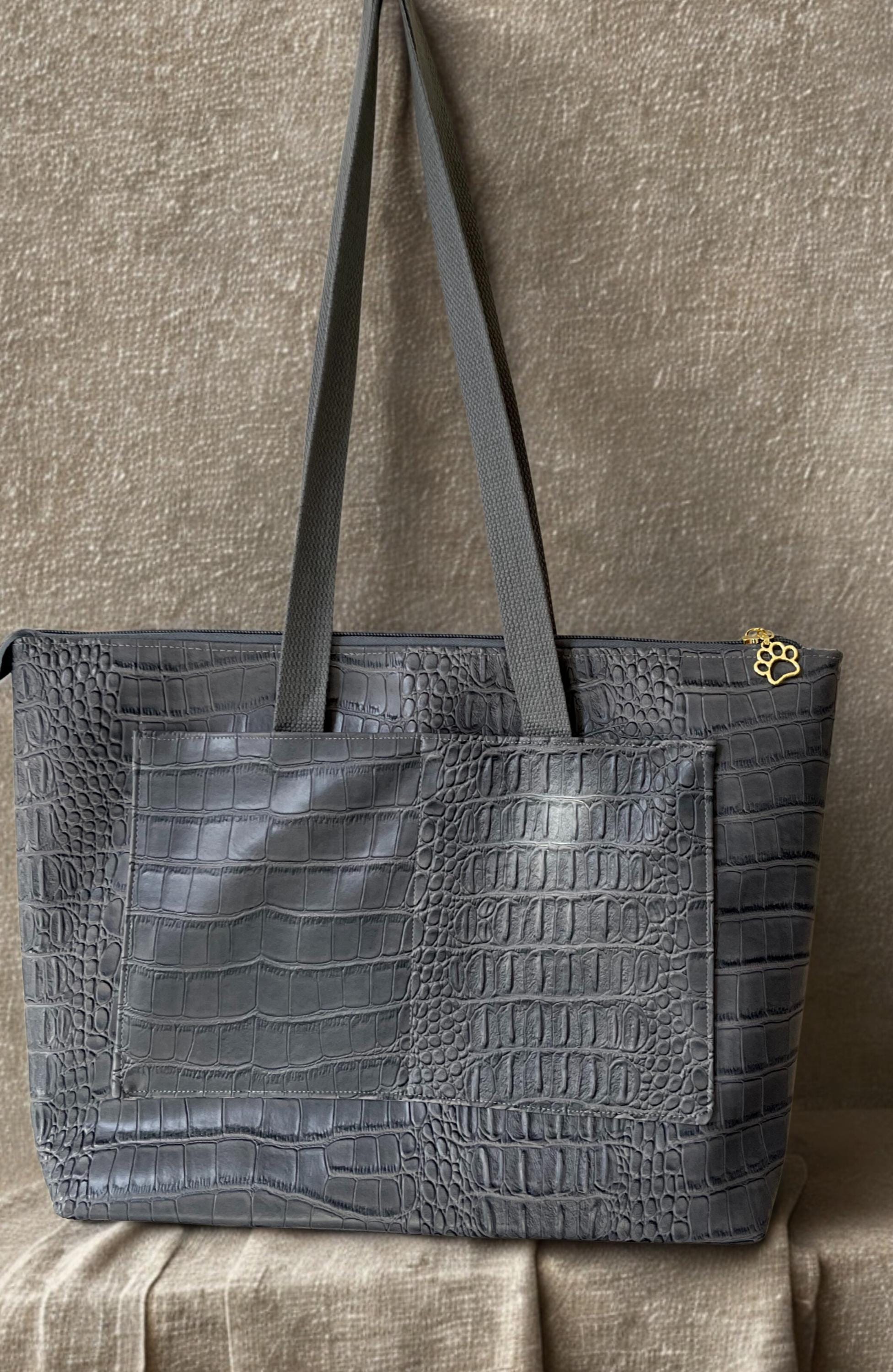 Faux Leather Tote: Gray Crocodile Print, Cotton Lining
