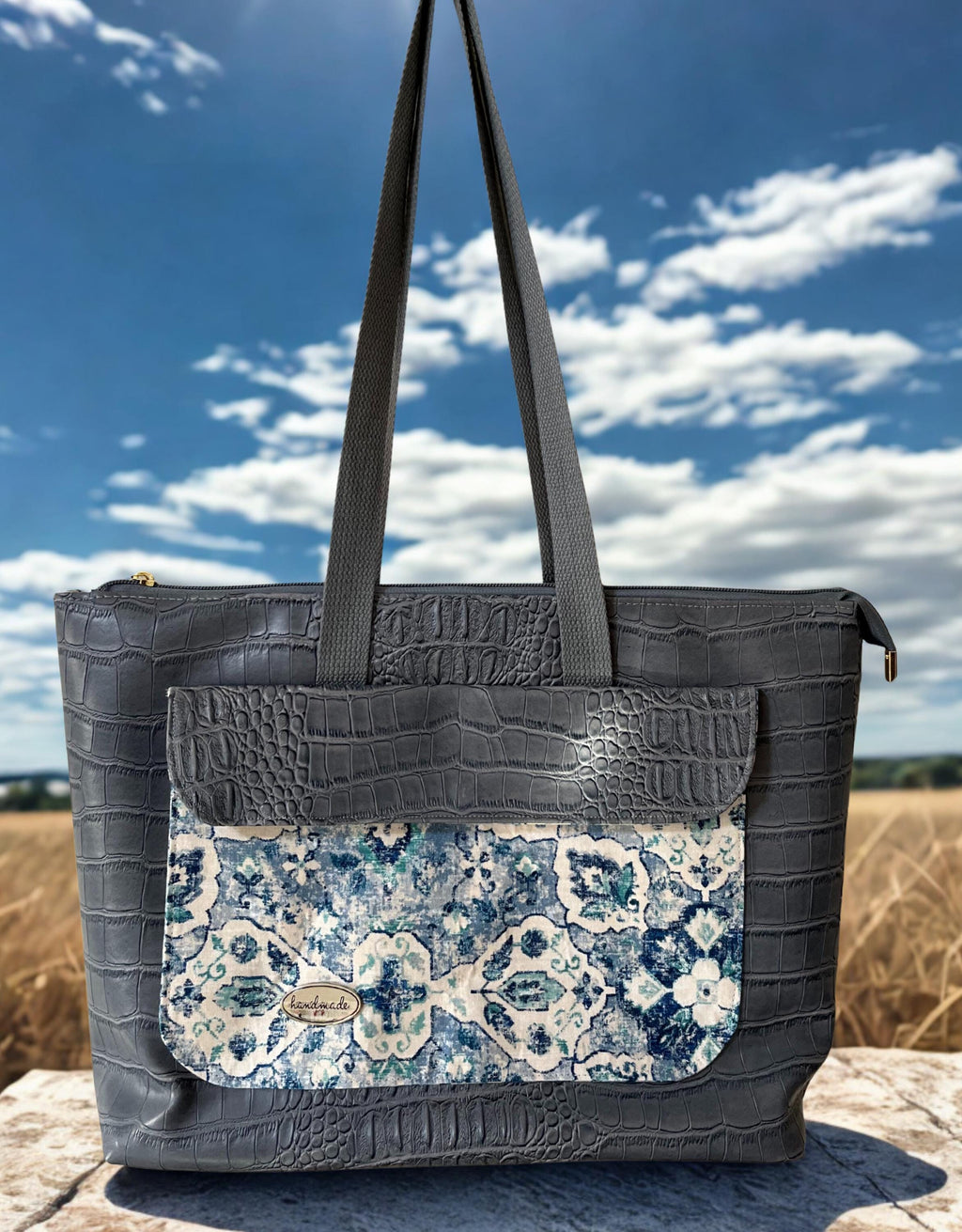 Faux Leather Tote: Gray Crocodile Print, Cotton Lining