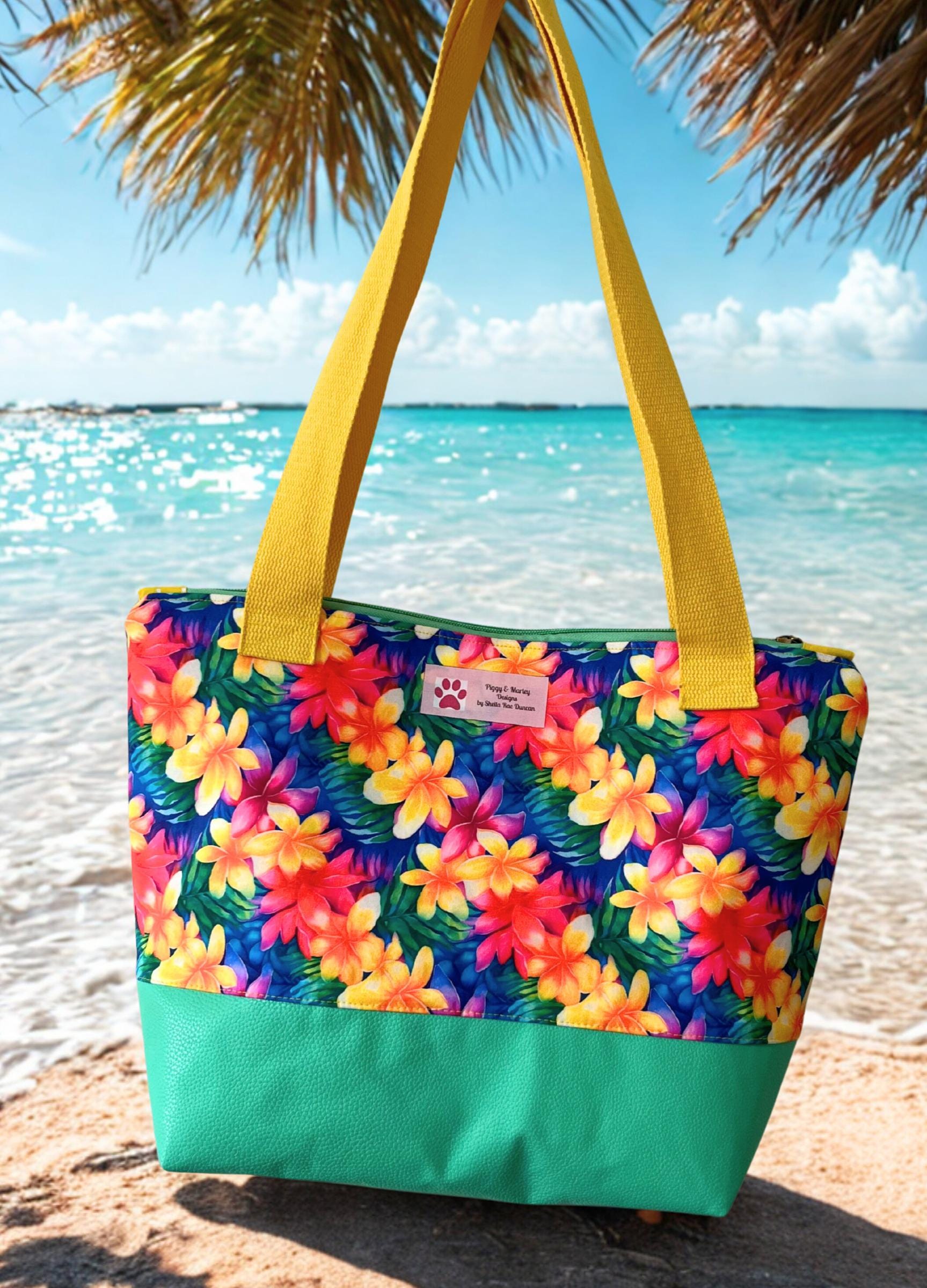 Floral Print Tote Bag: Large Zipper Pocket, Faux Leather Bottom