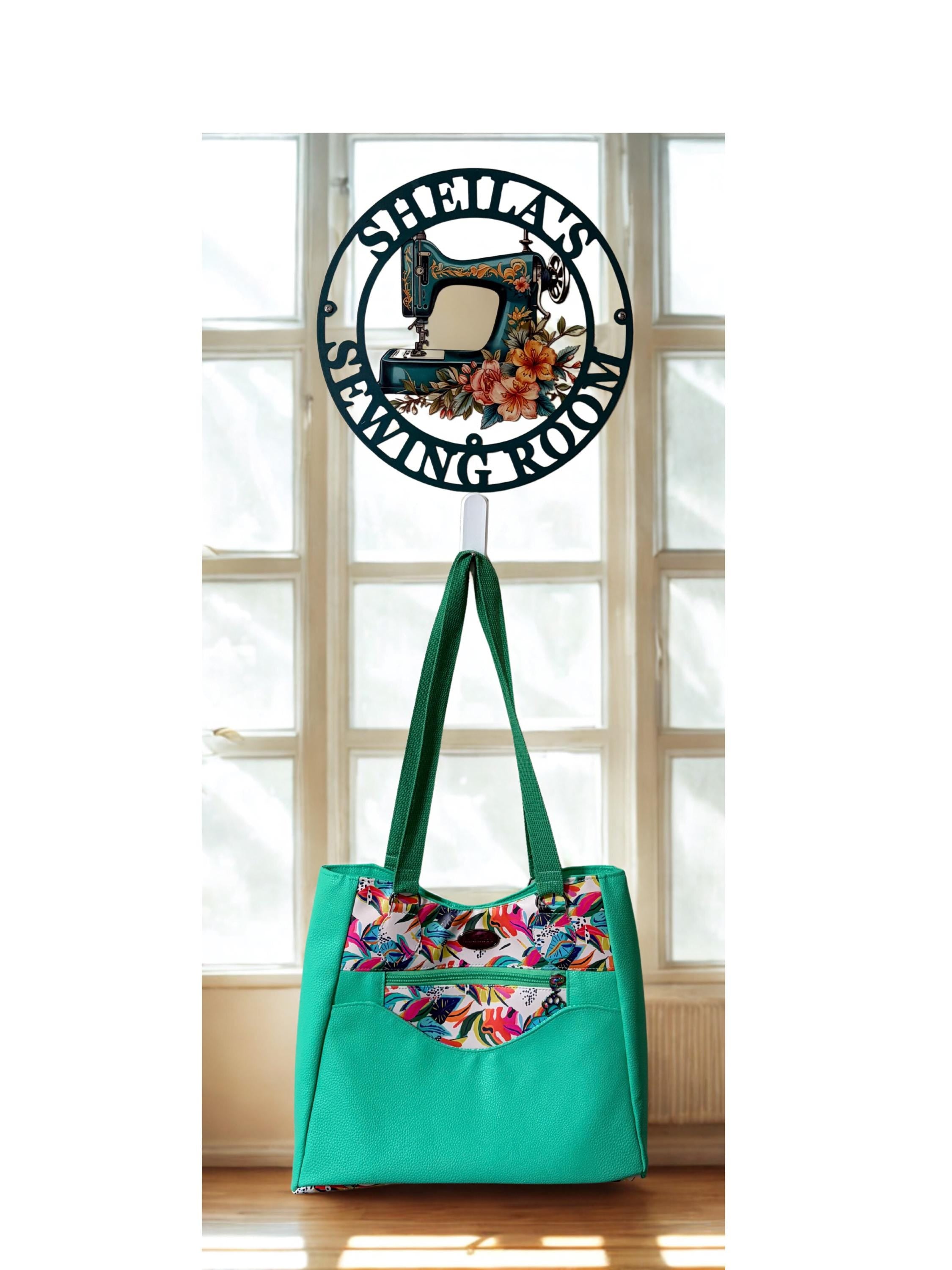Faux Leather Tote Bag: Teal Green, Floral Accents
